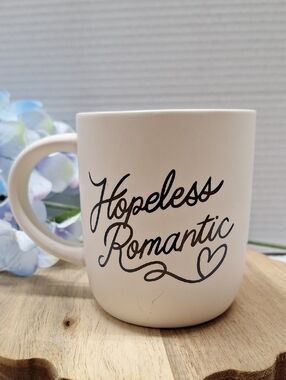 🛍2/$15🛍#ABO Indigo White Ceramic Mug with Black 'Hopeless Romantic' Script